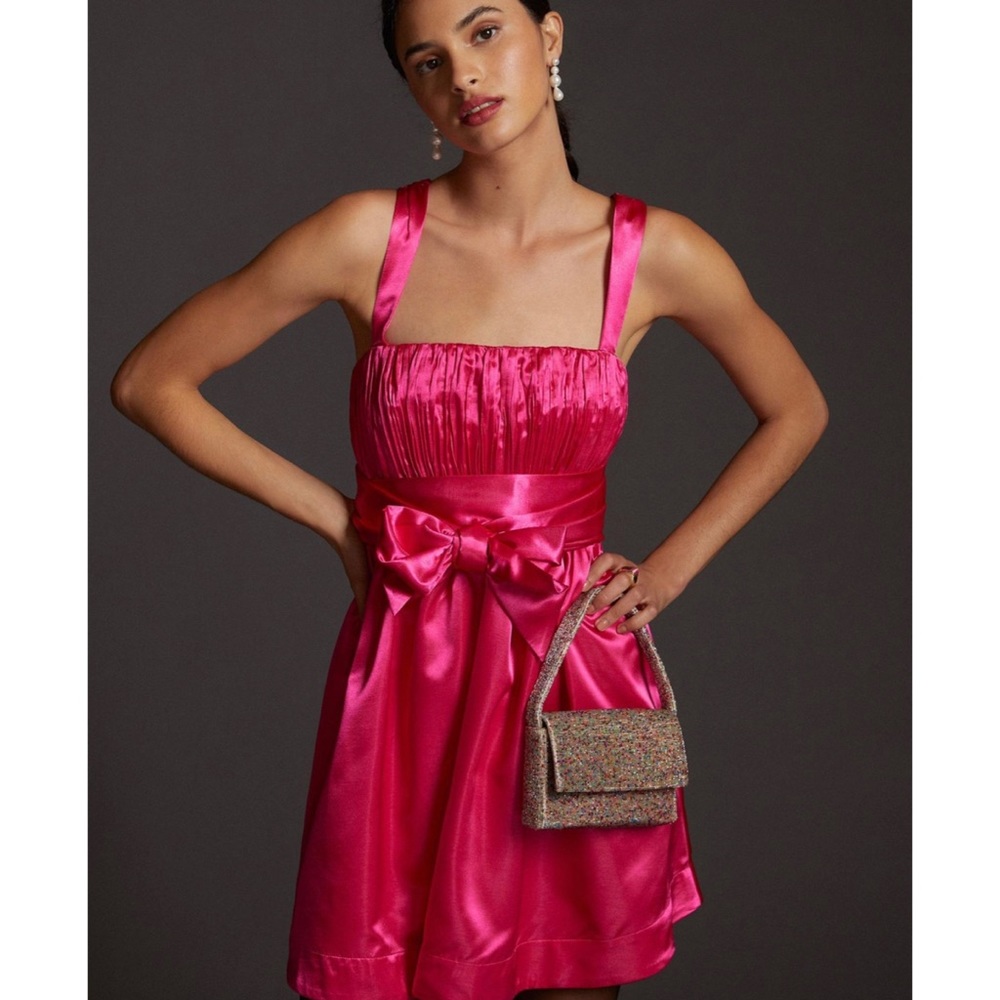 ANTHROPOLOGIE Maeve Pink Satin Bow-Tie Party Mini Dress w Pockets Size 8